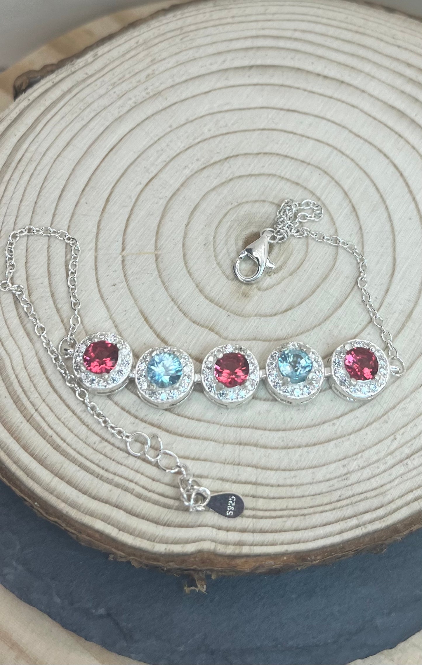 Radiant Rubellite and Zircon Silver Bracelet