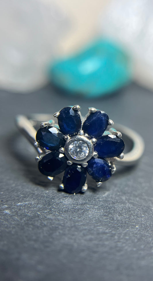 Beautiful Deep Blue Sapphire Flower Ring Size 7.5