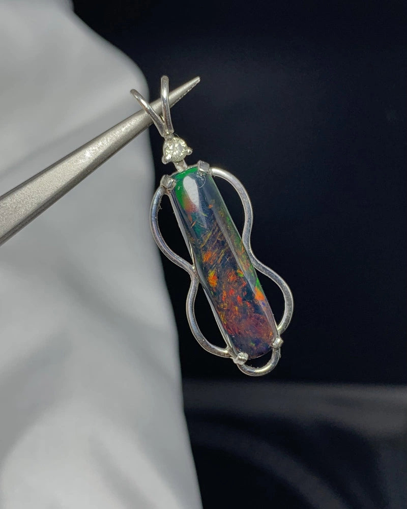 Natural Ethiopian Rainbow Fire Opal Pendant w/ 0.20ct Diamond