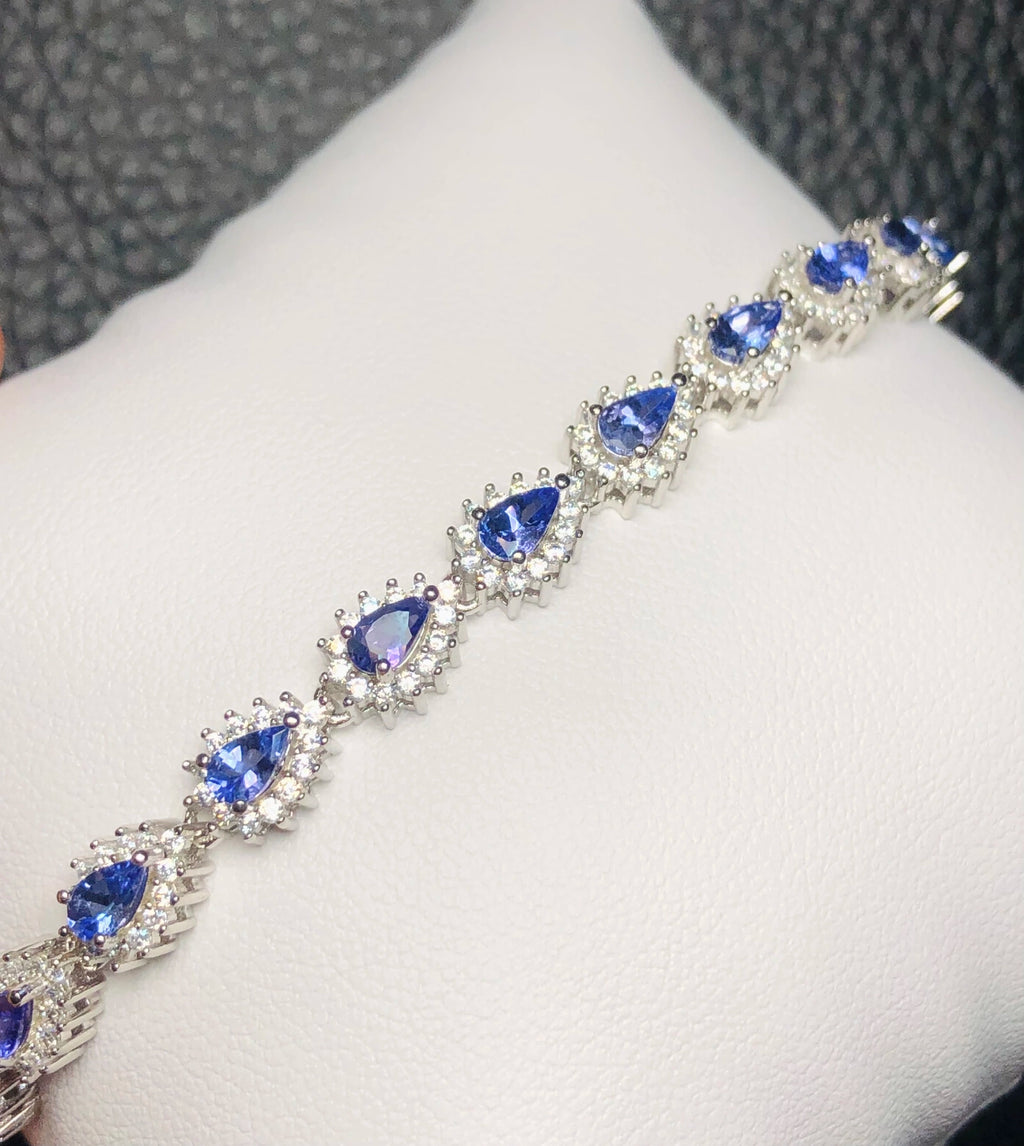 Natural D-Block Royal Blue Tanzanite and Silver Bracelet