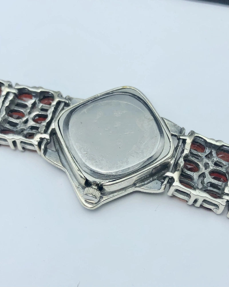 All Natural Red Rhodolite Garnet-Banded Watch with Mother of Pearl Inlay