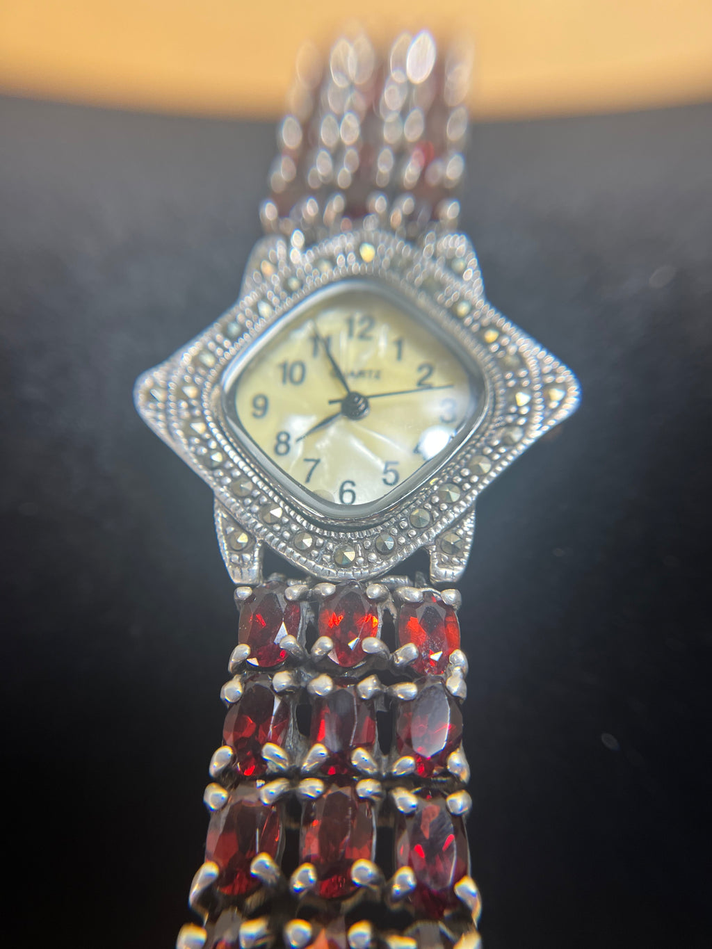 All Natural Red Rhodolite Garnet-Banded Watch with Mother of Pearl Inlay