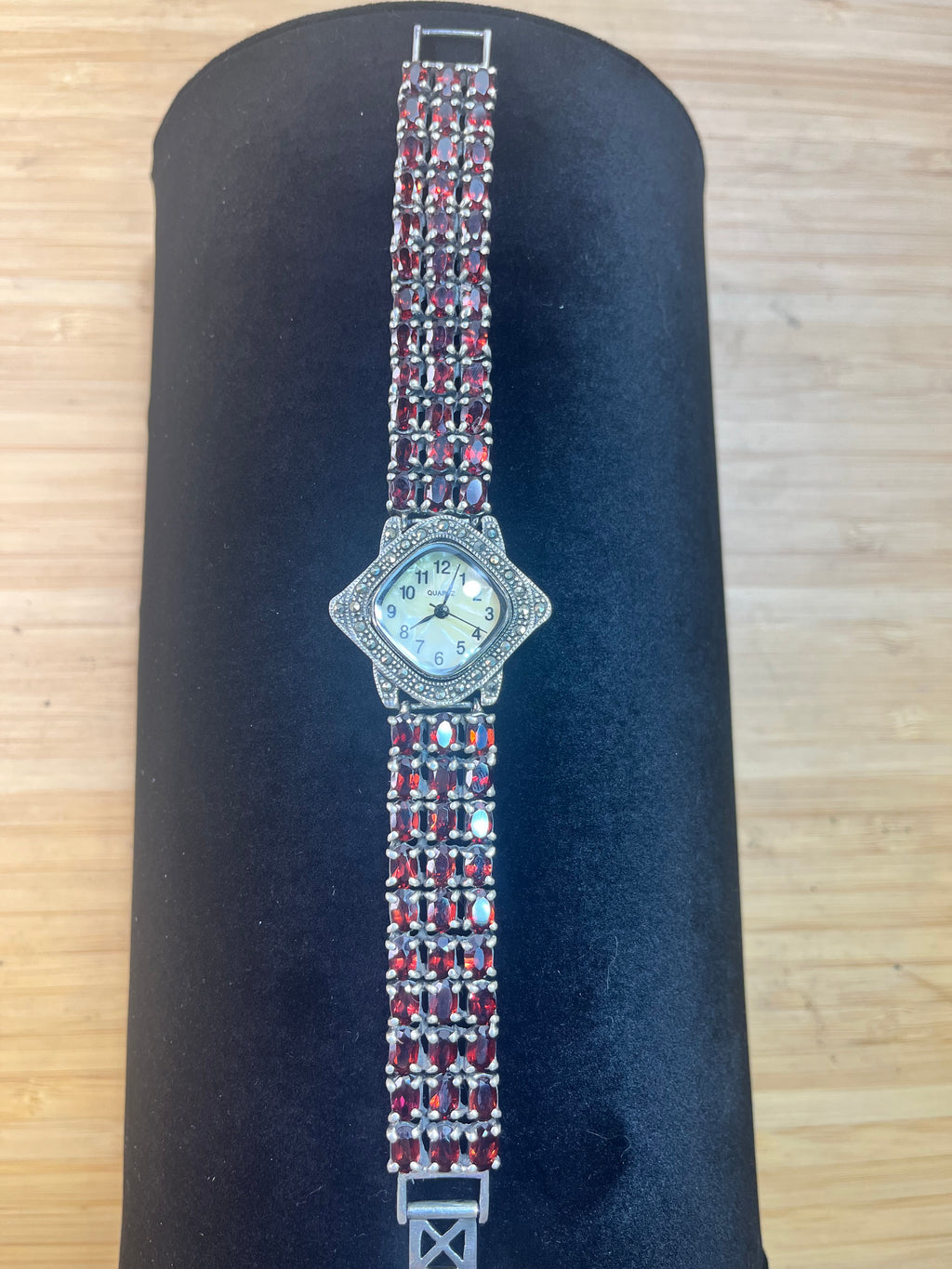 All Natural Red Rhodolite Garnet-Banded Watch with Mother of Pearl Inlay