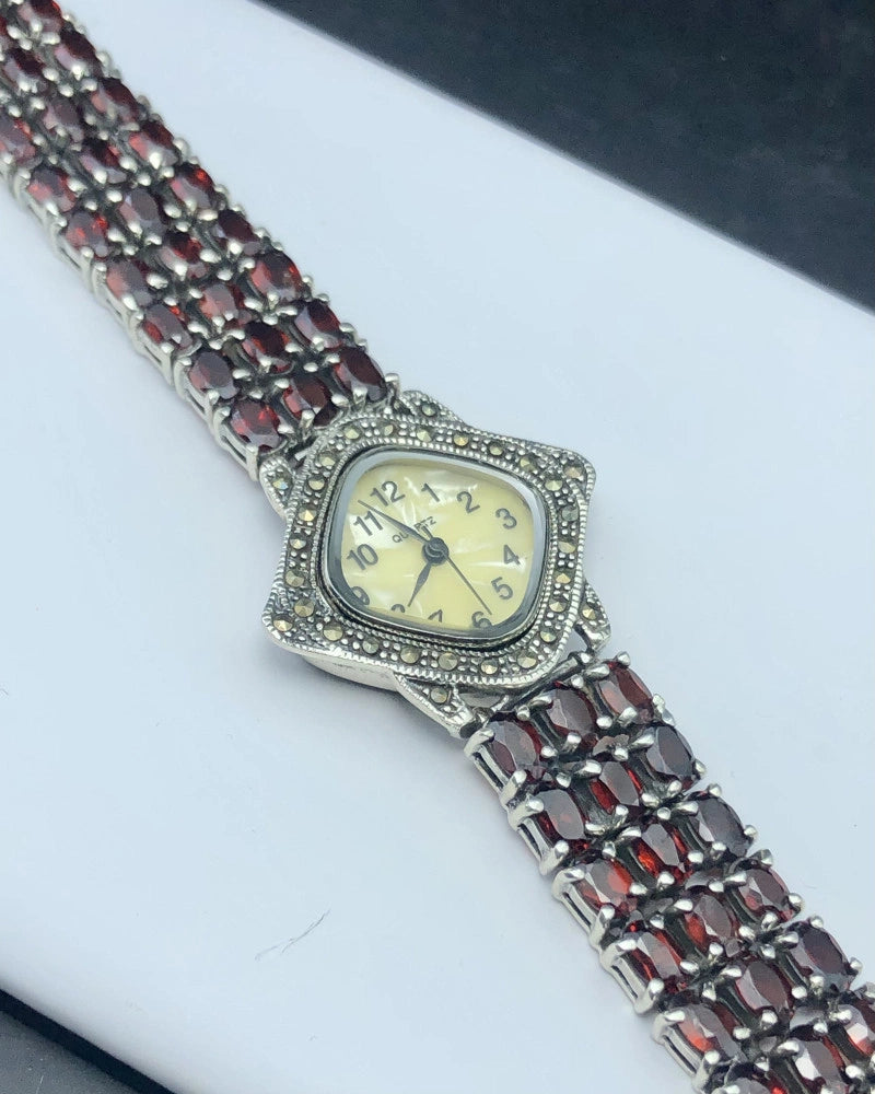 All Natural Red Rhodolite Garnet-Banded Watch with Mother of Pearl Inlay