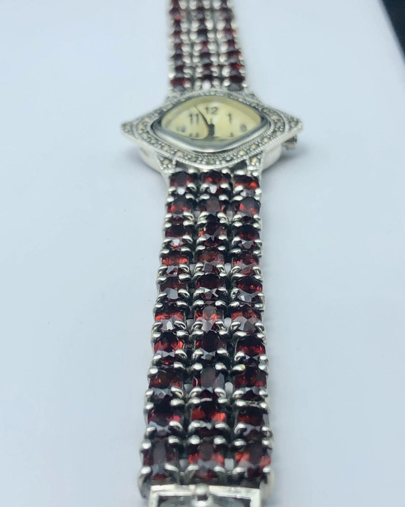 All Natural Red Rhodolite Garnet-Banded Watch with Mother of Pearl Inlay