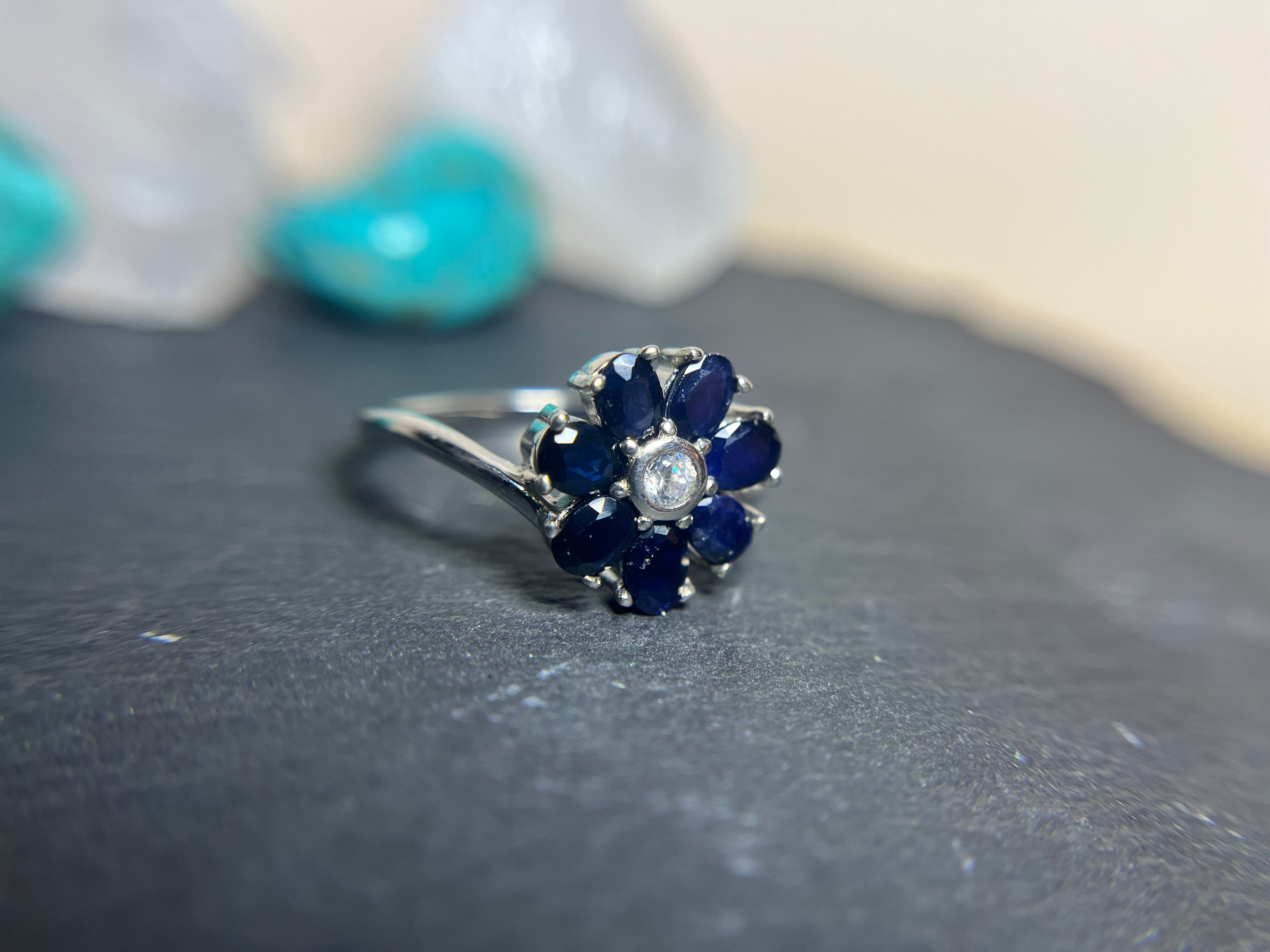 Beautiful Deep Blue Sapphire Flower Ring Size 7.5